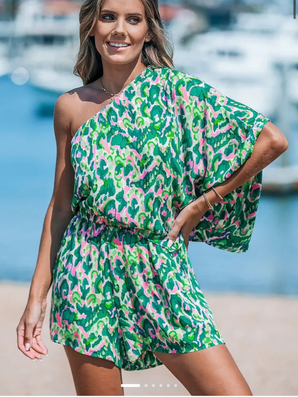 NWT Cupshe Green‎ Leopard Print One-Shoulder Romper sz L